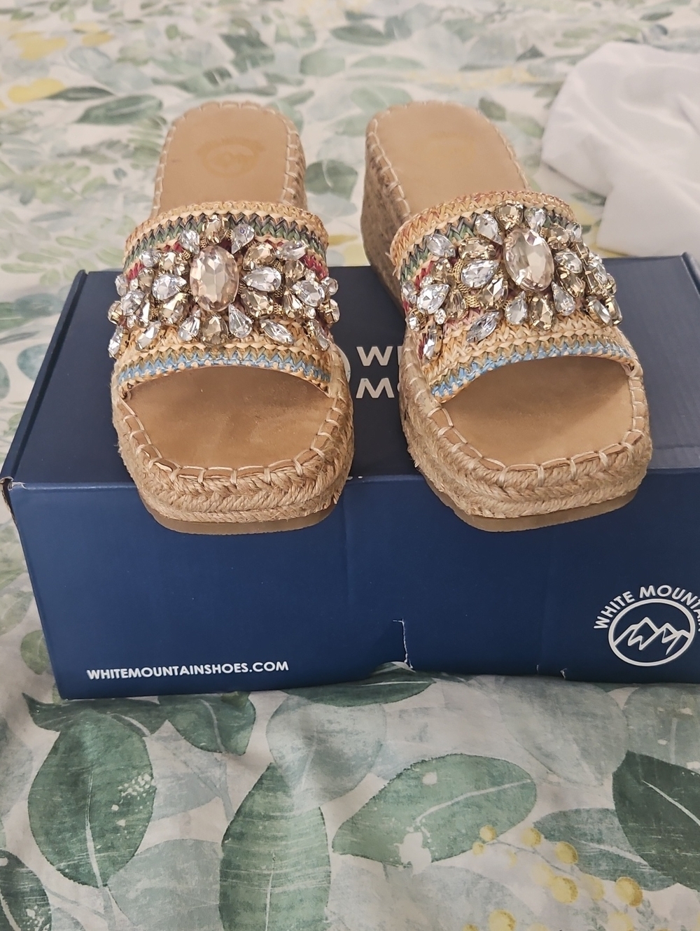 White Mountain Tan Jeweled Braided Platform Slides